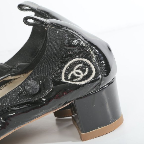 CHANEL CC Black Cap Toe Patent Leather Pumps - Picture 7 of 11
